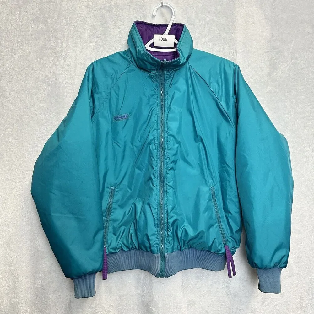 Vtg 90s Columbia Sportswear Bomber Jacket Reversible Teal/Purple Women’s Large